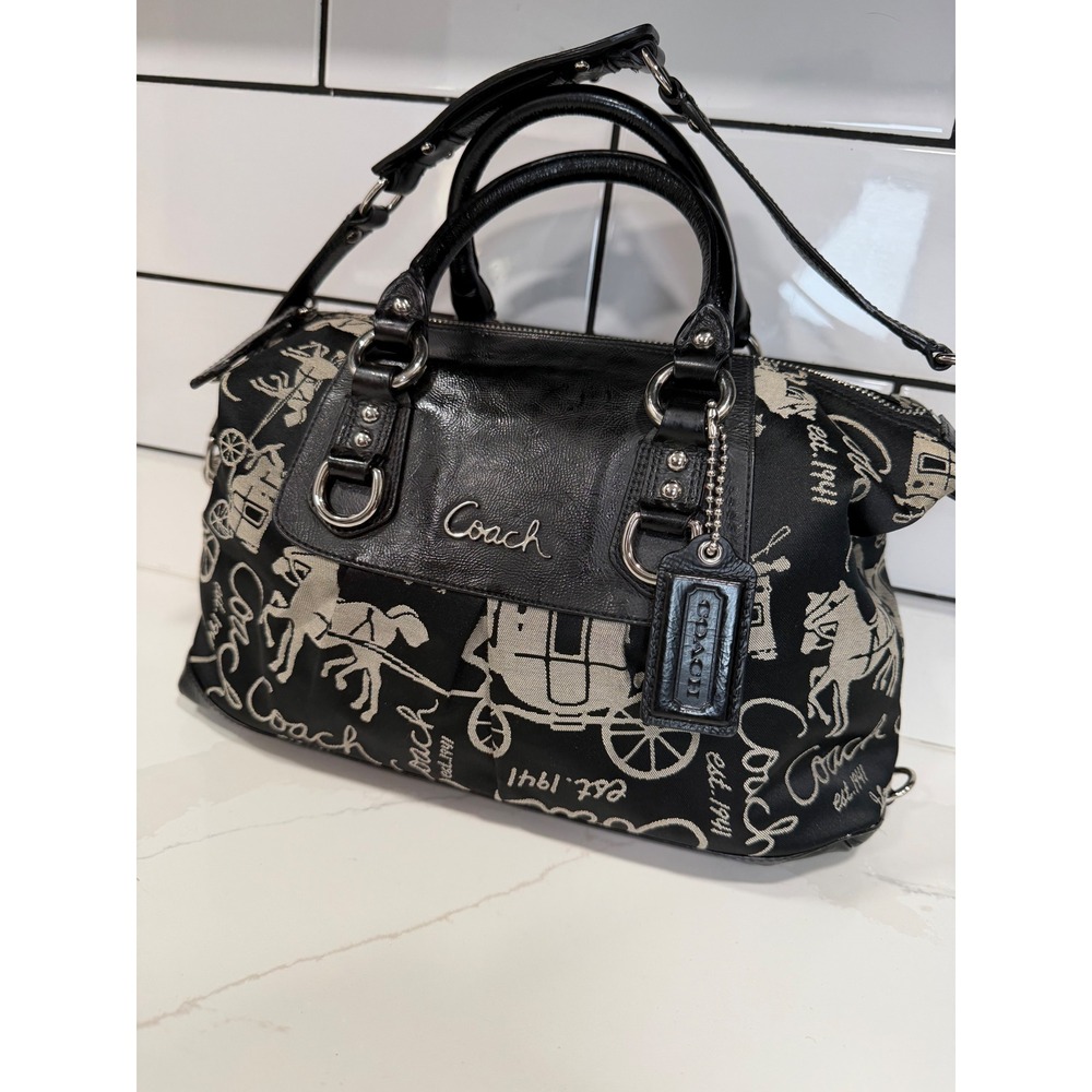 Coach Ashley Horse & Carriage Satchel F15540 Black Beige Shoulder Bag